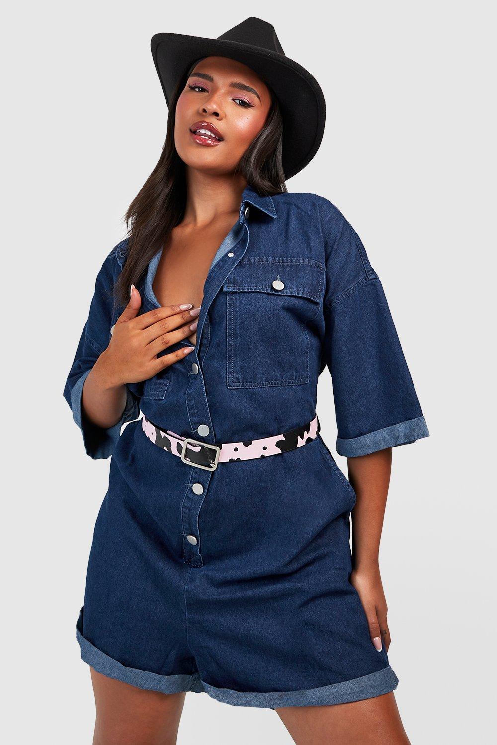 Plus Denim Short Sleeve Tie Belt Denim Playsuit